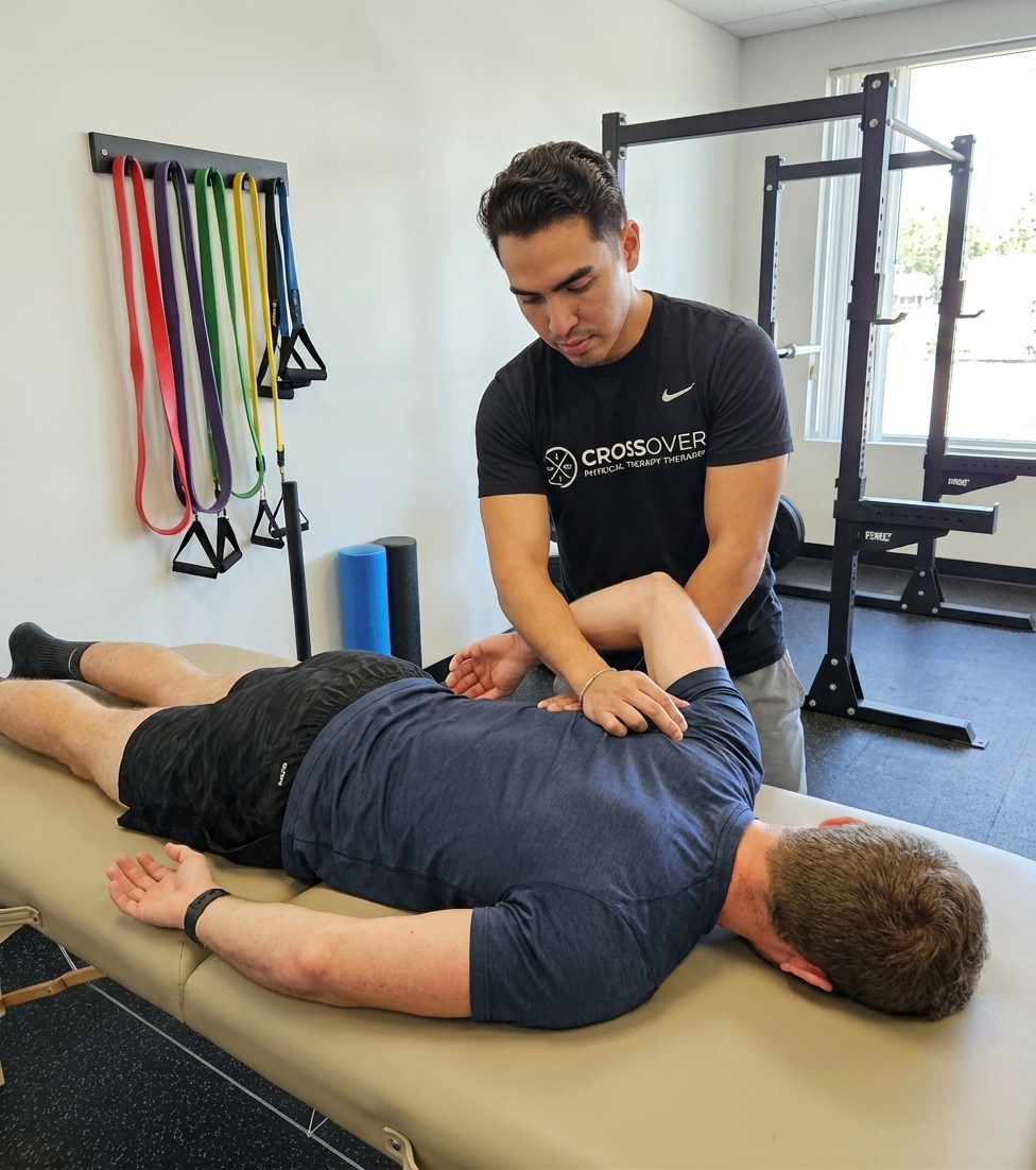 Patient receiving manual therapy treatment at a sports performance clinic in Tampa for injury rehabilitation